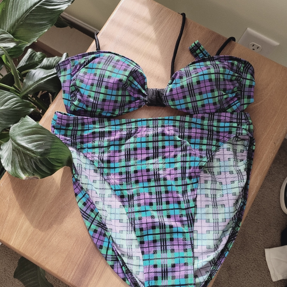 MAILLOT Blue Purple Green Plaid Swimsuit Bikini